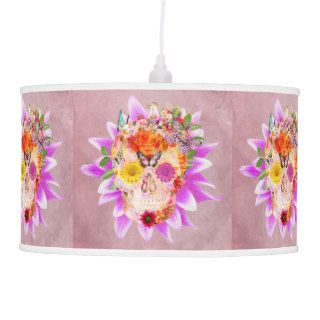 Girly Sugar Skull cute Butterfly Pink Flowers Pendant Lamp