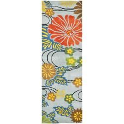 Handmade Soho Blue New Zealand Floral Wool Runner (26 X 8)