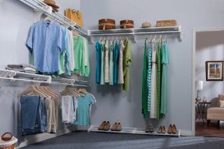 Walk in Deluxe Closet Kit  60 Total Feet of Storage (30' of Hanging & 30' Shelf Space   5 Expandable Shelves & 4 End Brackets   Lifetime Guaranty   Assembled in the USA   Each Shelf Holds Over 200lbs.   Closet Storage And Organization Syste