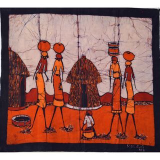 'Village Life' Batik Wall Hanging (Mozambique) Tapestries