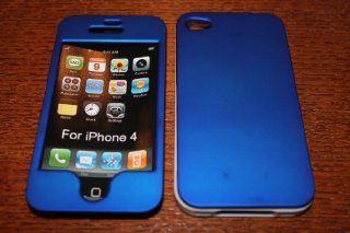 Hard Snap on Cell Phone Case Apple iPhone 4 & 4s Rubberized BLUE Front & Back W/ WHITE Border {34} Cell Phones & Accessories