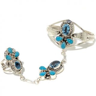 Chaco Canyon Couture Swiss Blue Topaz and Turquoise Sterling Silver Hand Harnes
