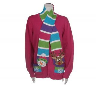 Quacker Factory Holiday Motif Zip Cardigan with Removable Scarf —