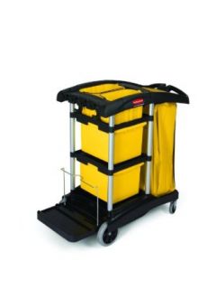 Rubbermaid Commercial FG9T7300BLA Housekeeping Cart with Yellow Bins and Zippered Yellow Bag, Black Janitorial Carts