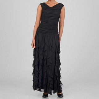 Marina Women's Black Shirred Bodice Cascading Ruffle Dress Marina Evening & Formal Dresses