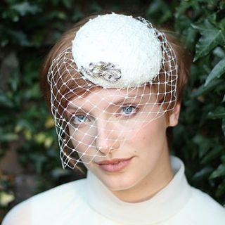 bridal hat with pearls and birdcage veil by the headmistress