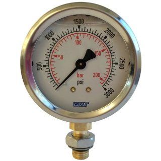 WIKA 9767070 Industrial Pressure Gauge, Liquid/Refillable, Copper Alloy Wetted Parts, 2 1/2" Dial, 0 160 psi Range, +/  2/1/2% Accuracy, 1/4" Male NPT Connection, Bottom Mount Mechanical Component Equipment Cases