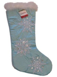 Trimmery Light Blue Satin Christmas Stocking with Beaded Snowflakes and Plush White Feather Trim   Christmas Decor