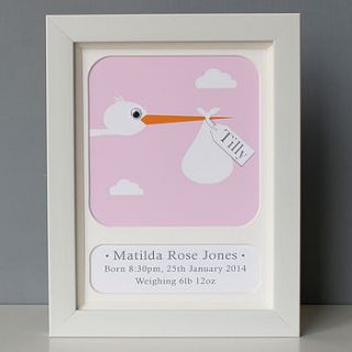 personalised new baby stork print by stripeycats