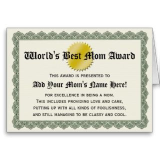 World's Best Mom Award Certificate Card