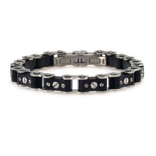 Stainless Steel & Black Rubber Bicycle Chain Link Men's Bracelet (8.5") Jewelry