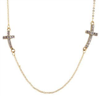 Metallic Gold with Clear Iced Out Double Sideways Bent Cross Pendant with an Adjustable 20 Inch Link Chain Necklace Jewelry