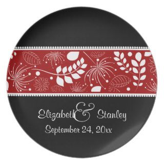 Black white red floral border wedding plate
