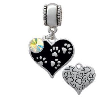Black Enamel Heart with Silver Paw Prints Charm Bead with Clear AB Crystal Dangle Delight Jewelry