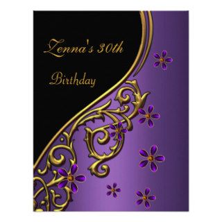 Elegant 30th Birthday Black Purple Gold Floral 4 Custom Announcement