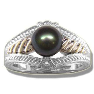 .01 ct 7mm Black Pearl Silver & 14K Pink Gold Ladies Ring Jewelry