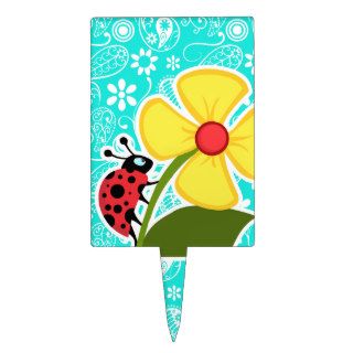 Ladybug on Aqua Color Paisley; Floral Cake Picks