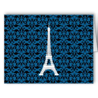 Eiffel Tower Silhouette, Damask   White Black Blue Cards