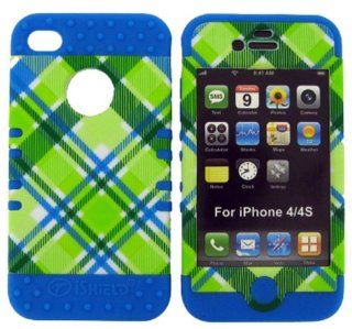 3 IN 1 HYBRID SILICONE COVER FOR APPLE IPHONE 4 4S HARD CASE SOFT LIGHT BLUE RUBBER SKIN PLAID LB TE339 KOOL KASE ROCKER CELL PHONE ACCESSORY EXCLUSIVE BY MANDMWIRELESS Cell Phones & Accessories