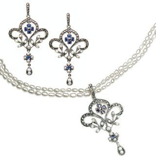 Fleur de lis Seed Pearl Sterling Silver Pendant Necklace & Chandelier Earrings Sapphire Set Earring And Pendant Necklace Sets Jewelry