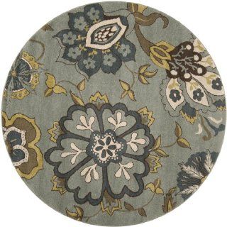 6.6' Spring Botanical Dark Olive Green, Slate Gray and Parchment Round Area Rug  