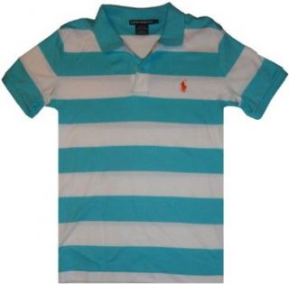 Women's Ralph Lauren Sport Short Sleeve Turquoise and White Striped Polo Shirt with Orange Pony Size Large Slim Fit