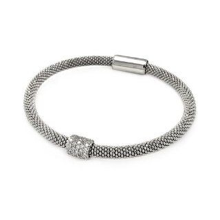 .925 Sterling Silver Rhodium Plated Mesh Design 8mm Italian Bracelet Band with Pave CZ Bar Center   7" Inches The World Jewelry Center Jewelry