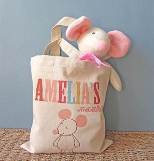 personalised tote bag with knitted mouse by owl & cat designs