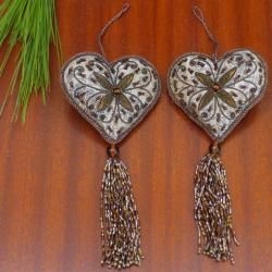 Set of 2 Bronze Heart shaped Tassel Holiday Ornaments (India) Seasonal Decor