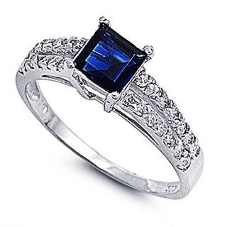 Rhodium Plated Sterling Silver Wedding & Engagement Ring Square Shape Blue Sapphire & Clear CZ Solitaire Ring 7MM ( Size 4 to 10) Wedding Bands Jewelry