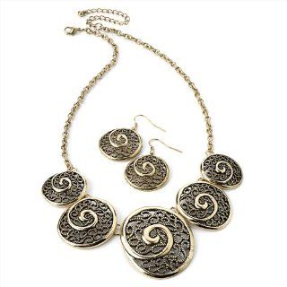 Burn Gold Tone Filigree Swirl Design Necklace and Earrings Set Jewelry