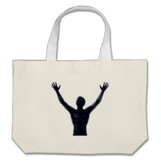 Man silhouette hands raised bags