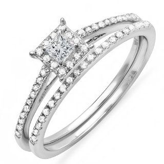 0.33 Carat (ctw) 14k White Gold Princess Diamond Ladies Halo Engagement Bridal Ring Matching Band Set 1/3 CT Jewelry
