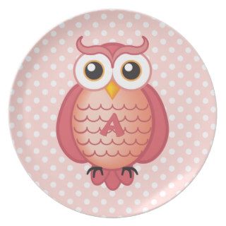 Monogram Pink Owl Polka Dots Party Plates