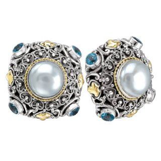 925 Silver, Mabe Pearl & Blue Topaz Earrings with 18k Gold Accents Stud Earrings Jewelry