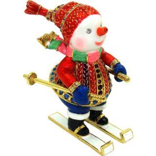 Objet D'Art Release #364 "Hitting The Slopes" Skiing Snowman Winter Season Handmade Jeweled Enameled Metal Trinket Box   Miniature Toy Figures