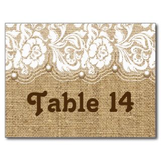 White lace, pearls on linen burlap table number postcard