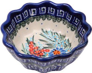 Polish Pottery Ceramika Boleslawiec 0432/169 Royal Blue Patterns with Blue Daisy and Orange Phlox Motif Bowl Babka, Small Kitchen & Dining