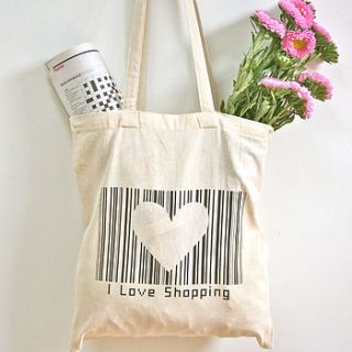 'i love shopping' barcode tote bag by wood paper scissors