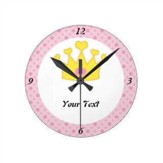 Princess Crown & Pink Polka Dots Round Clock