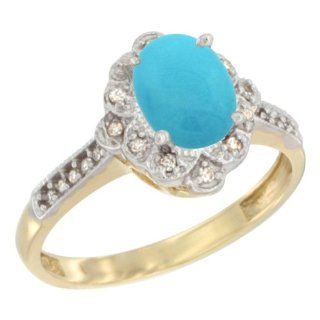 14k Yellow Gold Natural Turquoise Ring Oval 8x6 mm Diamond Halo, sizes 5   10 Jewelry
