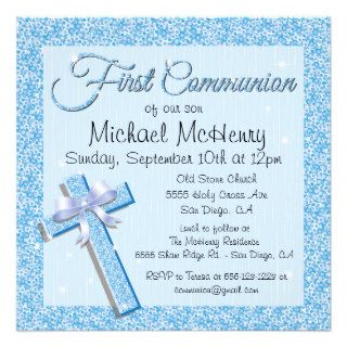 Glittering Sequin Blue First Communion Invitation