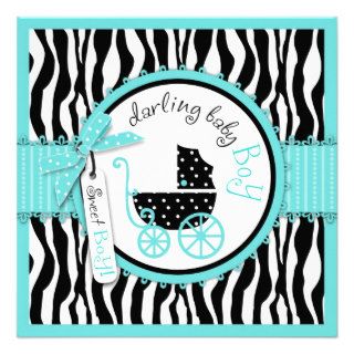Baby Carriage, Zebra Print & Turquoise Baby Shower Personalized Invitation