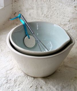 set of stoneware mixing bowls and whisk by artisan