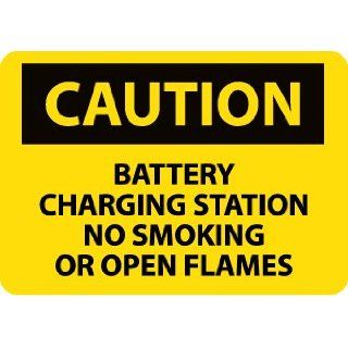 NMC C386AB OSHA Sign, Legend "CAUTION   BATTERY CHARGING STATION NO SMOKING OR OPEN FLAMES", 14" Length x 10" Height, Aluminum, Black on Yellow