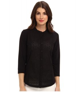 Jones New York 3/4 Sleeve Button Front Shirt w/ Eyelet Front Womens Long Sleeve Button Up (Black)