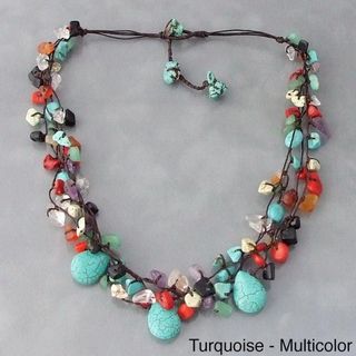 Cotton Rope Multicolor Gemstone Teardrop Necklace (Thailand) Necklaces