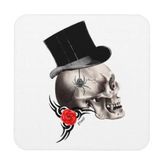 Gothic skull and rose tattoo coaster