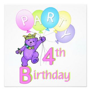 4th Birthday Party Princess Bear Balloons Custom Announcements