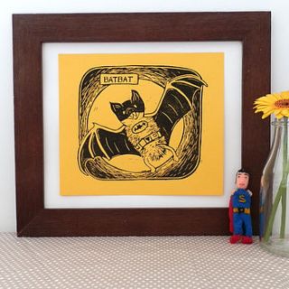 bat bat super hero linocut print by woah there pickle